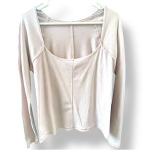 Free People Intimately Angie Top Beige Ribbed Long Sleeve Squared Neck M